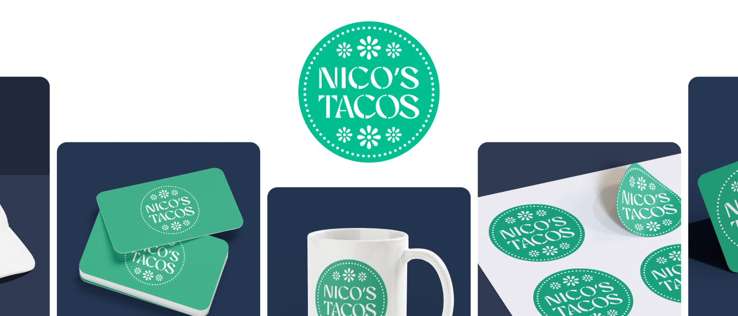 Green circular 'NICO'S TACOS' logo with floral elements on business cards, a mug, and stickers.