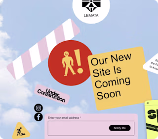 Colorful 'Site under construction' landing page for LEMATA brand with playful design elements and the message 'Our new site is coming soon'.